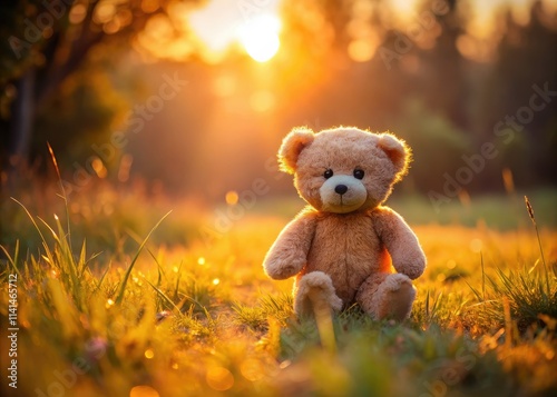 Low light captures a charming teddy bear's peaceful repose in an evening field, a heartwarming scene.