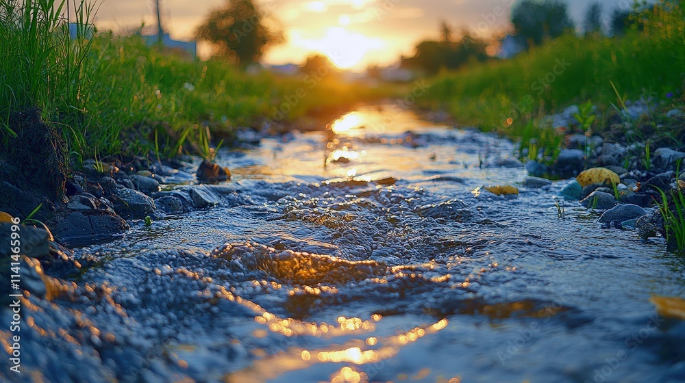 Sunset over a polluted river winding through once-pristine land, highlighting environmental decay and natural beauty Sunset over a polluted river winding through once-pristine land, highlighting environmental decay and natural beauty