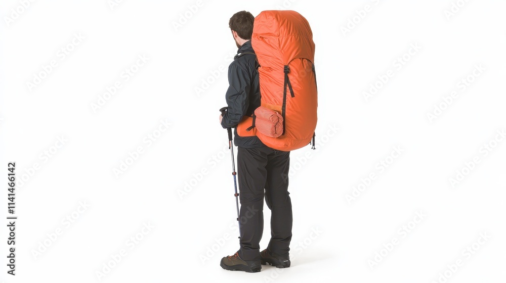 A person stands with a large orange backpack and trekking poles, ready for an outdoor adventure. A person stands with a large orange backpack and trekking poles, ready for an outdoor adventure.