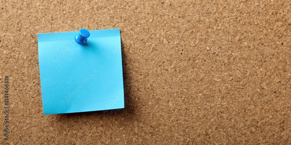 Blue sticky note pinned on corkboard, reminder, notice, cork board, office supplies, paper, communication, message Blue sticky note pinned on corkboard, reminder, notice, cork board, office supplies, paper, communication, message