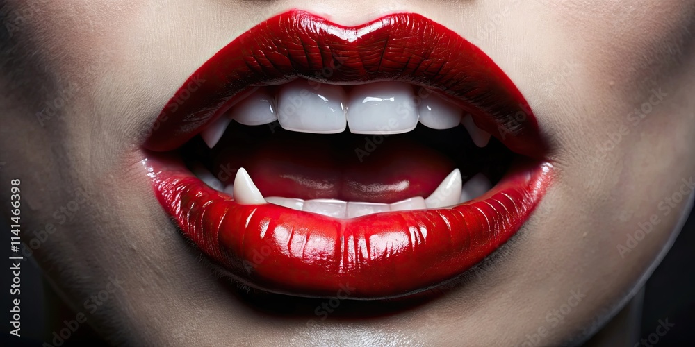Obraz premium Close-up of vampire fangs and glossy red lips, blending beauty and horror, vampire, fangs, glossy, red, lips, close-up