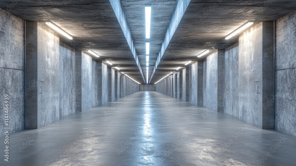 A modern, illuminated concrete hallway with a polished floor and minimalistic design. A modern, illuminated concrete hallway with a polished floor and minimalistic design.
