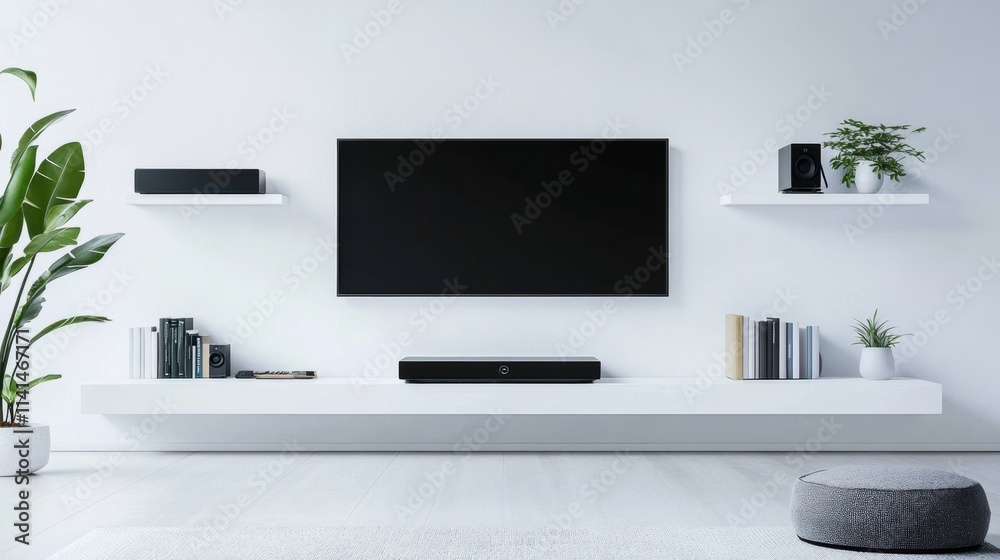 Sleek minimalist white TV shelf design featuring decorative books and sound system. Sleek minimalist white TV shelf design featuring decorative books and sound system.