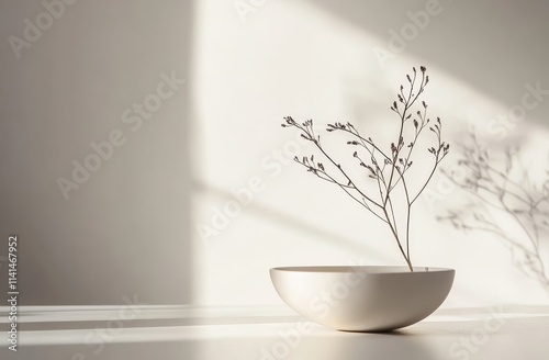 Minimalist beige bowl with dried plant branches in sunlit room.