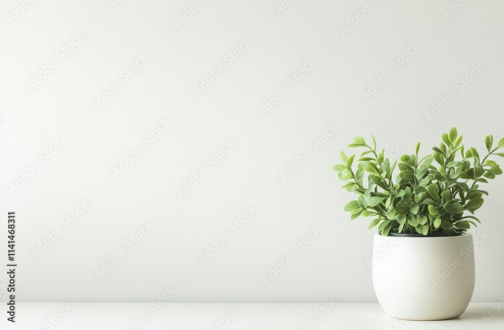 Minimalist white pot with green plant against white wall. Minimalist white pot with green plant against white wall.