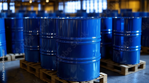Blue metal barrels storing chemicals or oil products in warehouse
