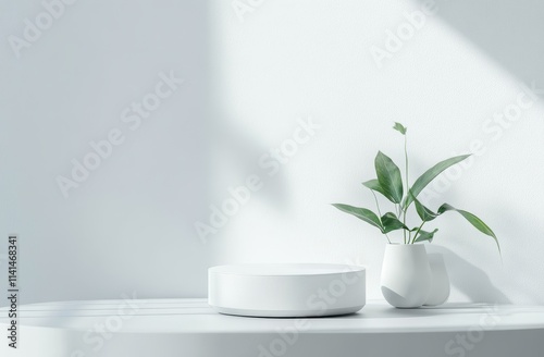 Minimalist white product display with plant.