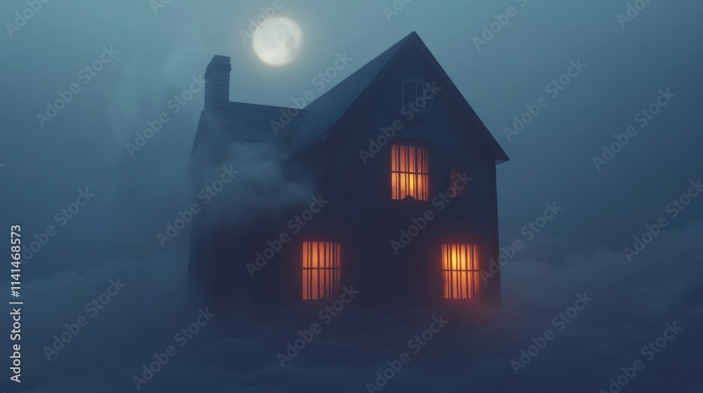 A mysterious house shrouded in fog, illuminated by glowing windows under a full moon. A mysterious house shrouded in fog, illuminated by glowing windows under a full moon.