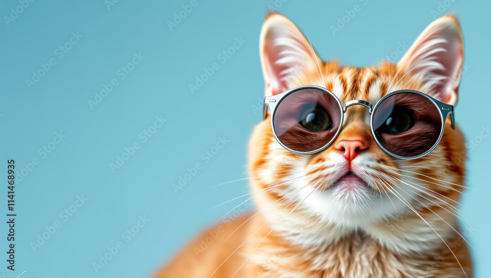 Close-up portrait of a humorous ginger cat wearing sunglasses, isolated on light blue background. Close-up portrait of a humorous ginger cat wearing sunglasses, isolated on light blue background.