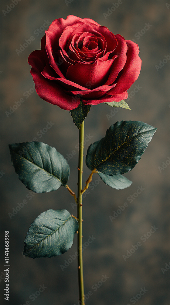 Obraz premium Elegant single red rose with green leaves on soft vintage background