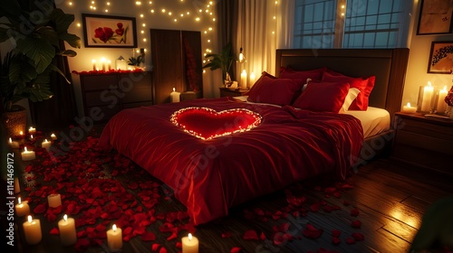 A dreamy bedroom with a heart-shaped bed covered in red satin sheets, surrounded by candles and scattered rose petals photo