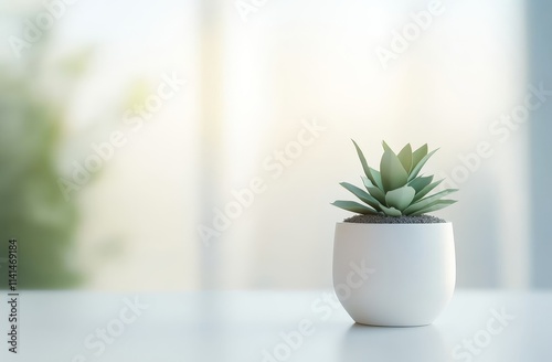 Small succulent in white pot on table near window. photo