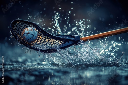 Lacrosse stick scoops a ball from water, creating a splash. Perfect for sports, action, and water themes; ideal for websites, blogs, or advertising. photo