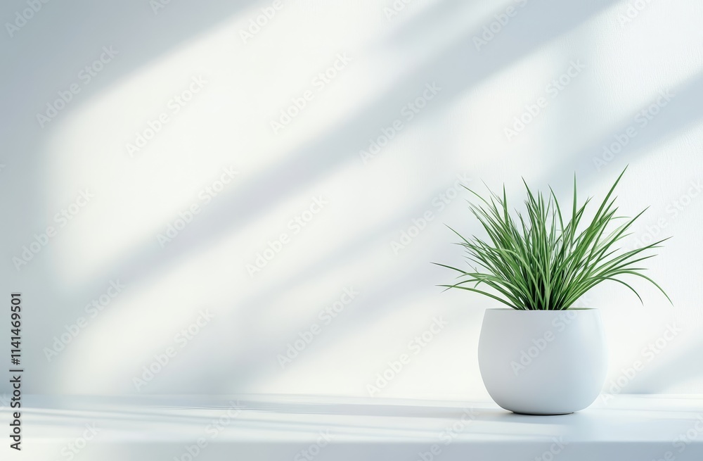 Minimalist plant in white pot on white surface with sunlight shadows. (1) Minimalist plant in white pot on white surface with sunlight shadows. (1)