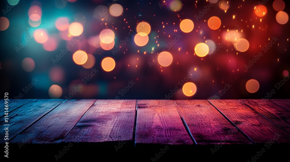 Rustic wooden table surface with blurred bokeh background, neon night ambience Rustic wooden table surface with blurred bokeh background, neon night ambience
