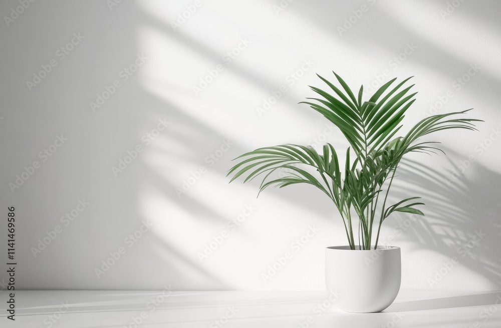 Minimalist parlor palm in white pot against white wall with sunlight. Minimalist parlor palm in white pot against white wall with sunlight.