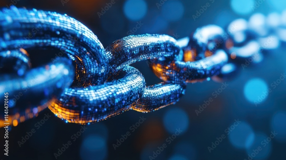 Abstract metal chain with digital elements, representing technology, security, and interconnectedness. Bokeh effect in the background. Abstract metal chain with digital elements, representing technology, security, and interconnectedness. Bokeh effect in the background.