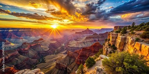 Vintage Grand Canyon sunrise. A breathtaking Arizona landscape, national park serenity.