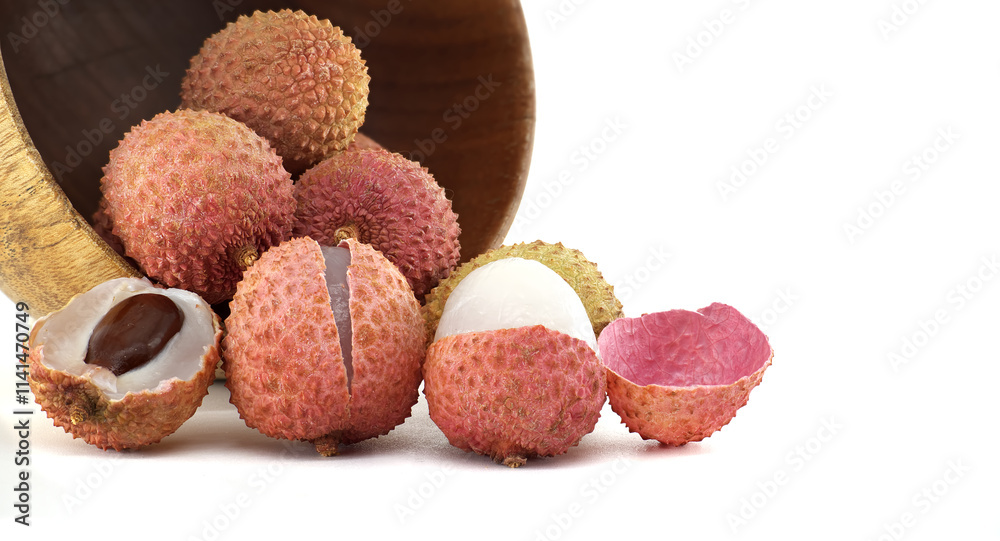 Fresh Lychee Fruits in a Wooden Bowl on a White Background Fresh Lychee Fruits in a Wooden Bowl on a White Background