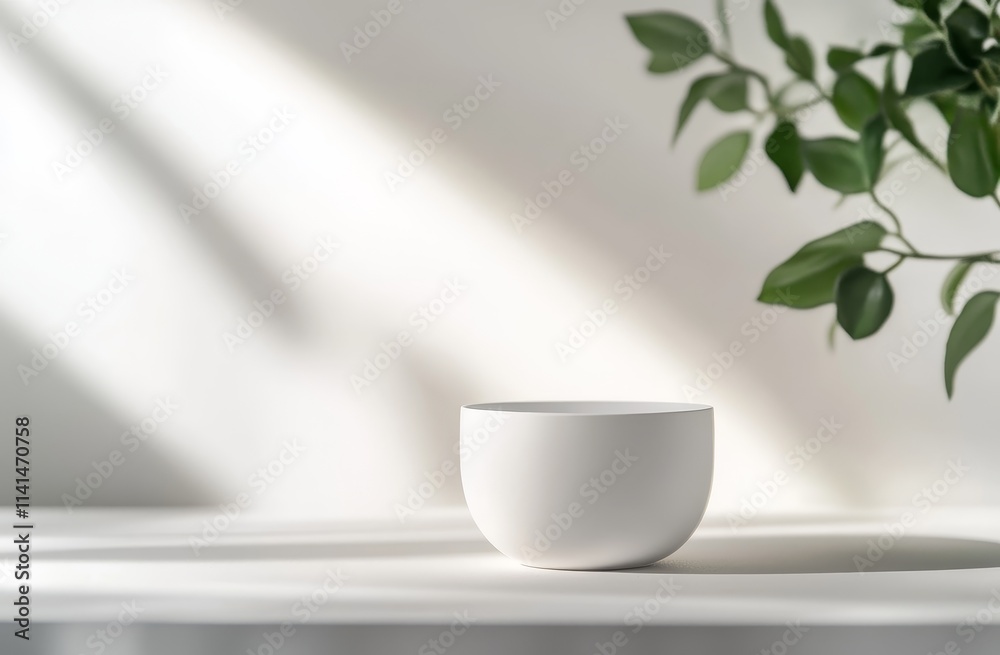Obraz premium White bowl on white surface with sunlight and plant.