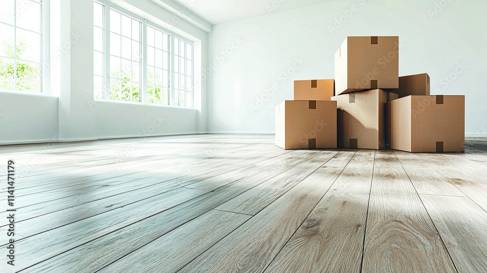 A bright, empty room with large windows and wooden floors, featuring a stack of cardboard boxes in the center, suggesting a moving or storage scenario. A bright, empty room with large windows and wooden floors, featuring a stack of cardboard boxes in the center, suggesting a moving or storage scenario.