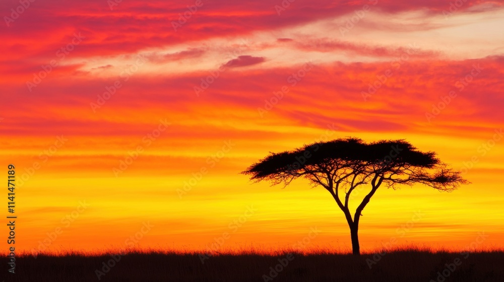 Φωτογραφία Golden and orange hues fill the sky at dusk, framed by the silhouette of a solit