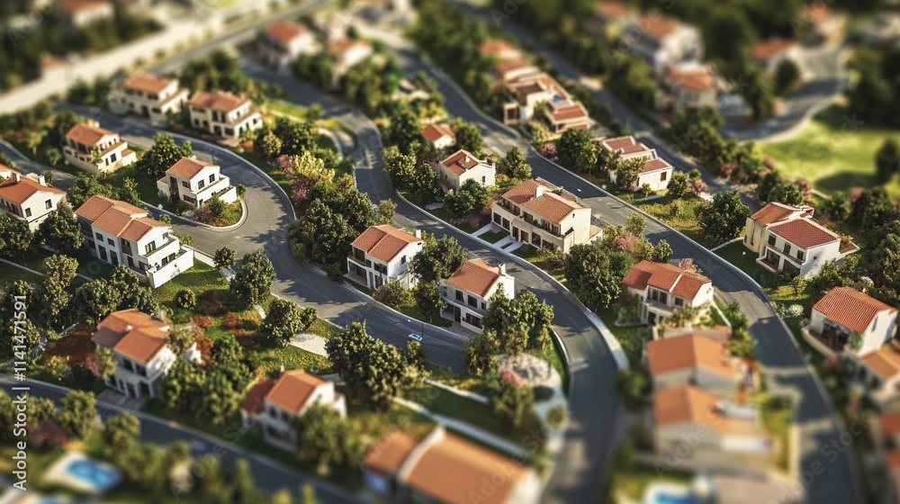 Obraz premium 3D rendering of a residential area with trees and buildings, a small town with houses and roads.