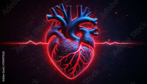 A heart with red neon veins and a glowing waveform in the background