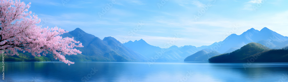 Tranquil lake surrounded by mountains and cherry blossoms under a serene blue sky. Tranquil lake surrounded by mountains and cherry blossoms under a serene blue sky.