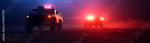 Two emergency vehicles with flashing lights navigating through foggy terrain.