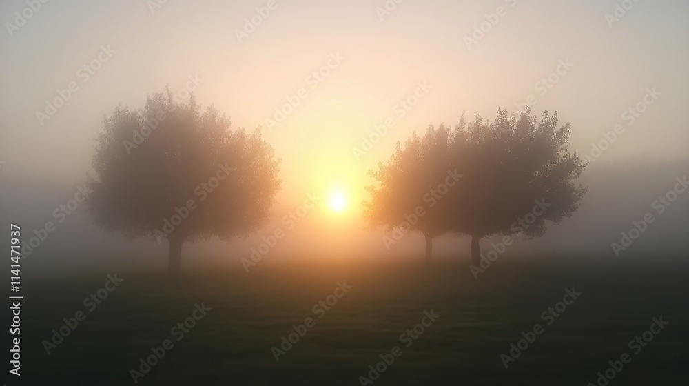 Obraz premium Misty Sunrise Over Trees in Foggy Landscape Creating Serene Atmosphere