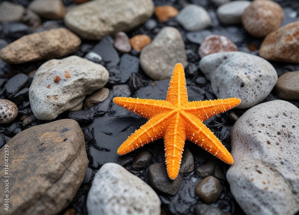 Orange starfish with a cracked shell on a rocky beach, warm weather, orange, beach scene Orange starfish with a cracked shell on a rocky beach, warm weather, orange, beach scene