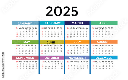 Calendar 2025 - vector illustration. Week starts on Sunday. January, February, March, April, May, June, July, August, September, October, November, December
