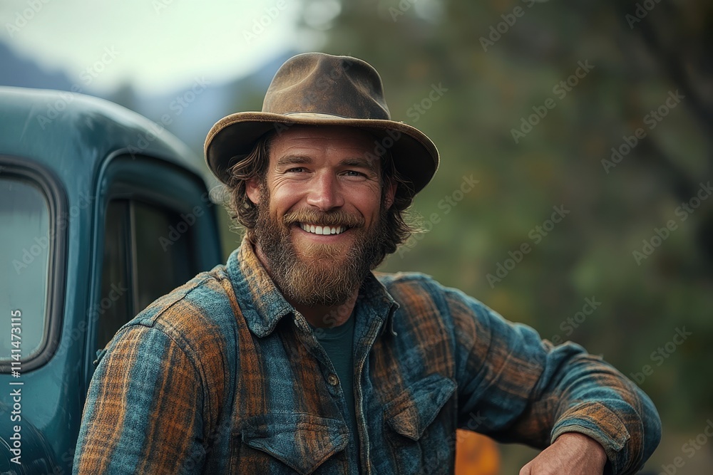 Smiling man with beard in hat, leans on truck. Perfect for rustic, outdoorsy brands needing a rugged, friendly image. Smiling man with beard in hat, leans on truck. Perfect for rustic, outdoorsy brands needing a rugged, friendly image.