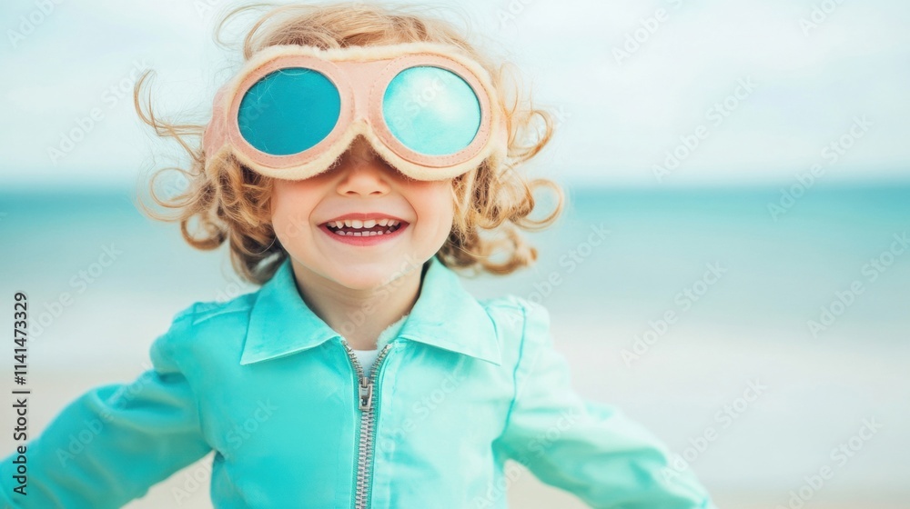 A child dressed in a vibrant pilot costume plays happily near the shore, enjoying a sunny day with the ocean in the background