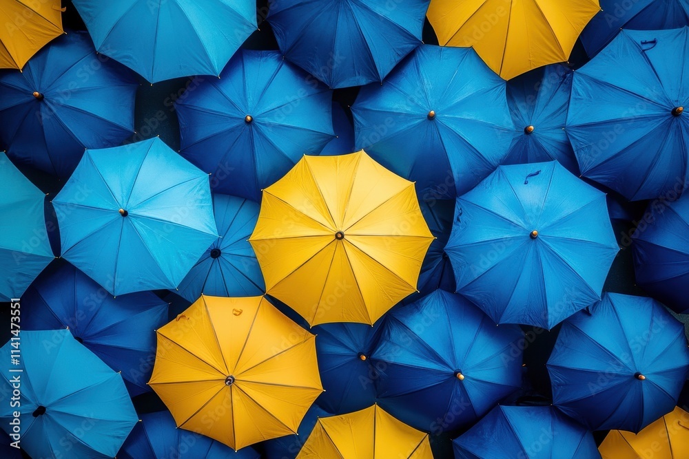 Many blue and yellow umbrellas overlap. Ideal for concepts of diversity, unity, or standing out from the crowd. Many blue and yellow umbrellas overlap. Ideal for concepts of diversity, unity, or standing out from the crowd.