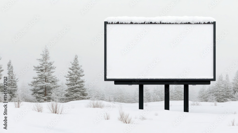 Obraz premium A blank billboard covered in snow in a winter landscape.