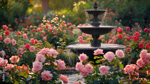 A beautiful fountain surrounded by blooming pink roses creates serene atmosphere