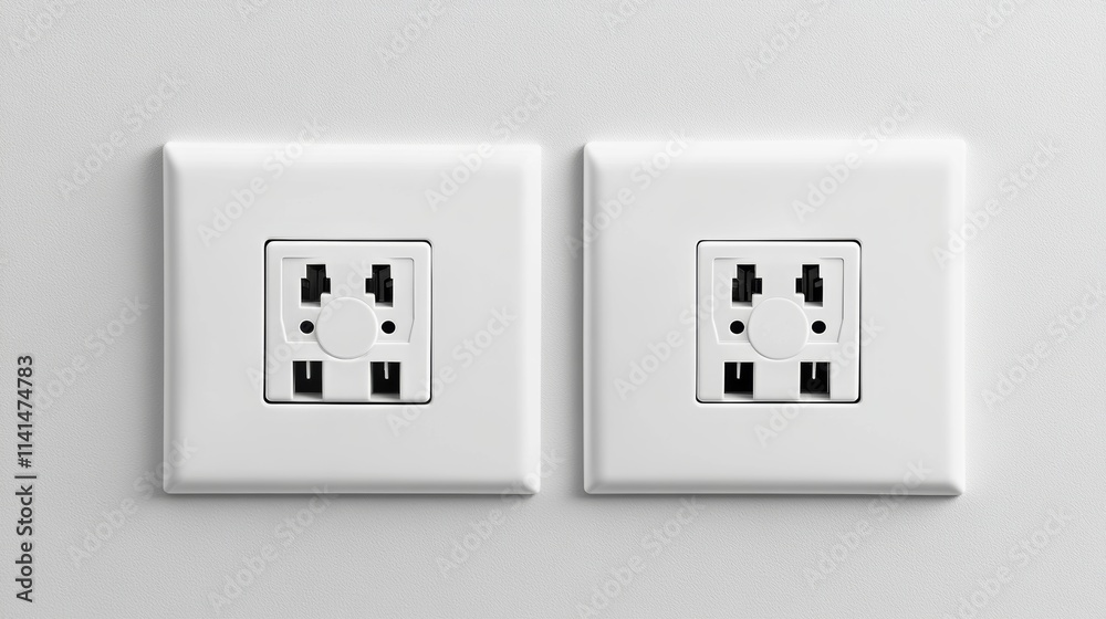 White wall mounted socket board with two electrical sockets and a switch. The socket board is isolated on a white background White wall mounted socket board with two electrical sockets and a switch. The socket board is isolated on a white background