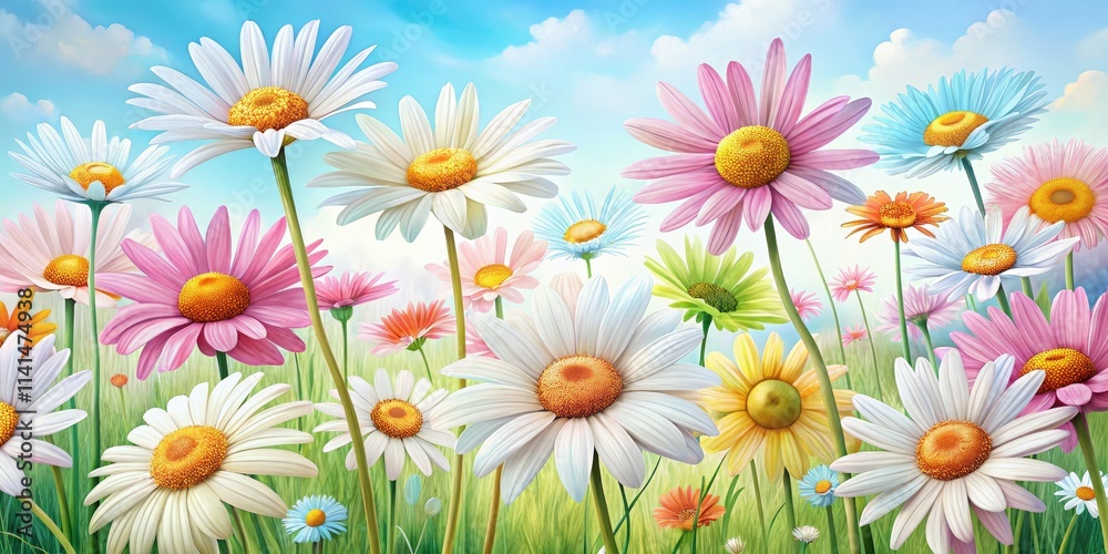 Drone Shot of Hand-Drawn Daisies, Gentle Colors, White Background Drone Shot of Hand-Drawn Daisies, Gentle Colors, White Background