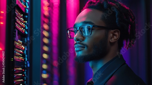 A young businessman wearing eyeglasses in server room, data center business and IT support concept