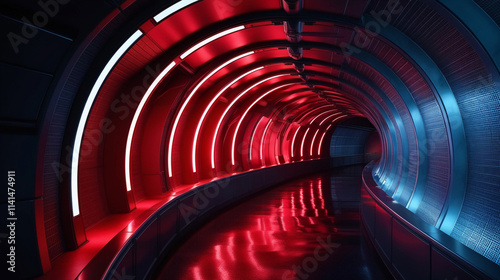Fototapeta Naklejka Na Ścianę i Meble -  Red neon glow empty corridor tunnel spaceship