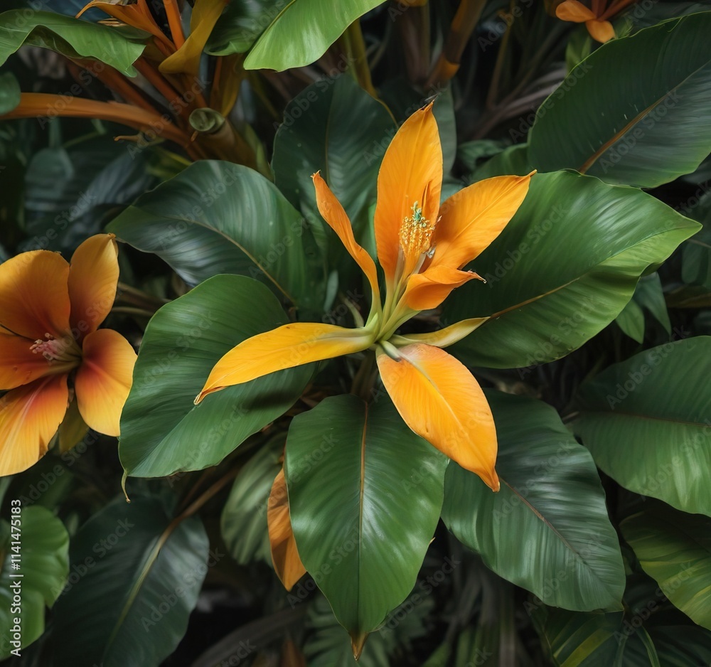 Overhead shot of banana flower and surrounding green leaves with bright orange and yellow tones, stem, yellow, botanical Overhead shot of banana flower and surrounding green leaves with bright orange and yellow tones, stem, yellow, botanical