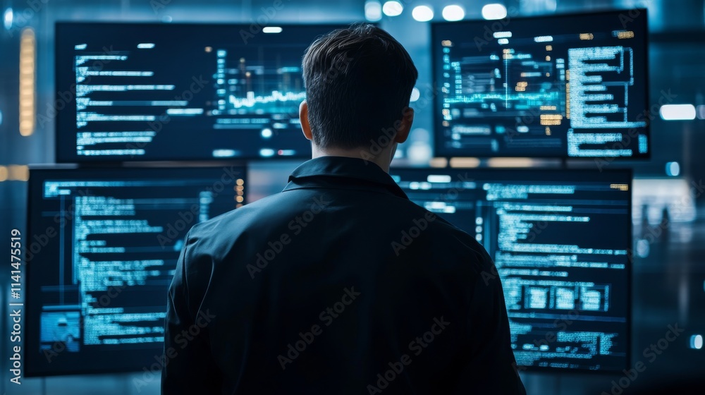 Back View of Young Black Man Walking and Looking at Big Digital Screens Glitching While Displaying Code Lines. Professional Hacker Breaking Through Cybersecurity Protection System, Changing Code Back View of Young Black Man Walking and Looking at Big Digital Screens Glitching While Displaying Code Lines. Professional Hacker Breaking Through Cybersecurity Protection System, Changing Code