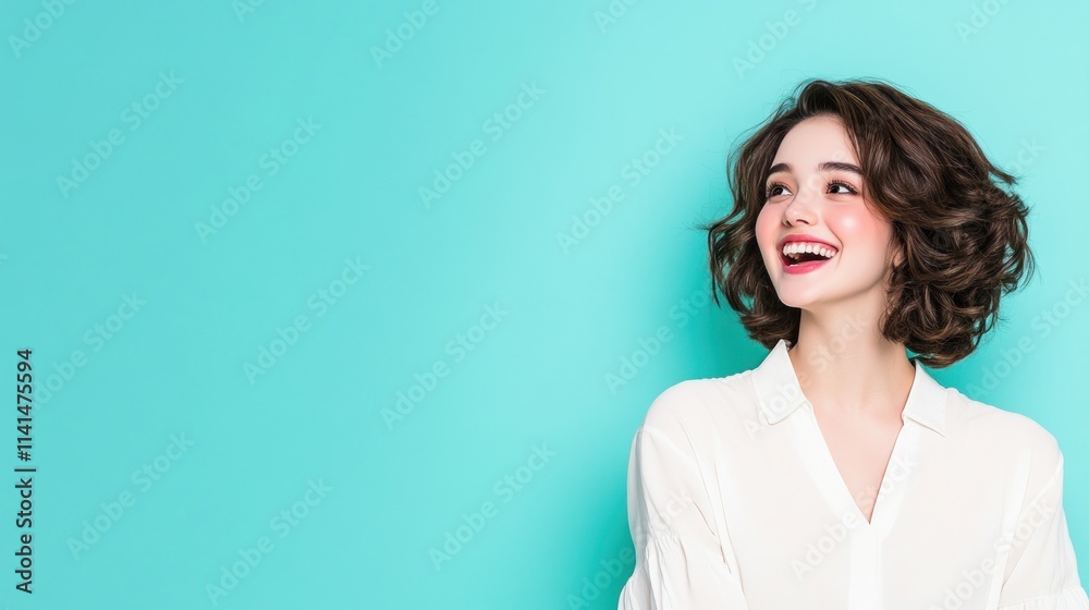 A cheerful woman with curly hair smiles against a teal background. A cheerful woman with curly hair smiles against a teal background.
