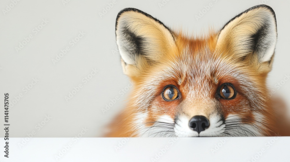 A curious red fox peers over a white surface with bright, attentive eyes, showcasing its keen interest and playful demeanor A curious red fox peers over a white surface with bright, attentive eyes, showcasing its keen interest and playful demeanor