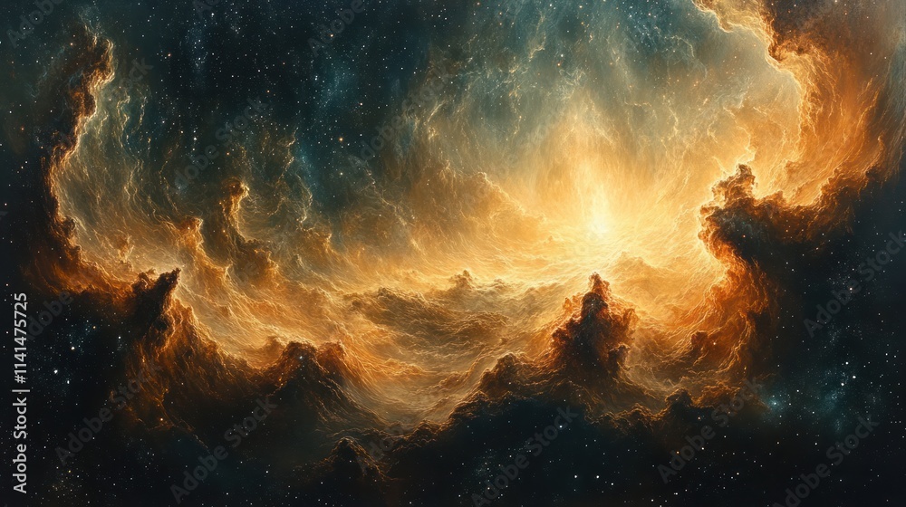 Fototapeta premium Cosmic nebula, golden clouds, starry expanse.
