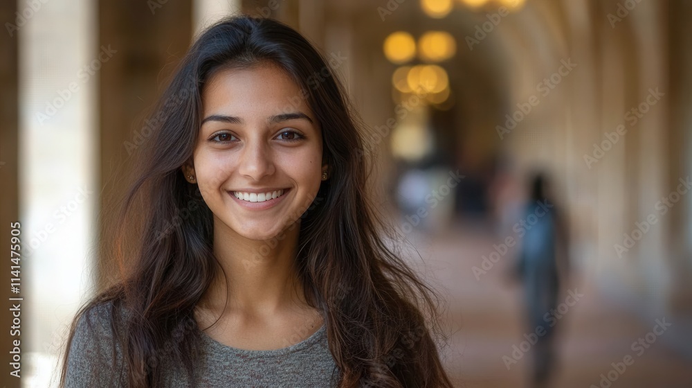 Obraz premium Smiling young woman with long dark hair. Perfect for websites needing diverse, happy faces.