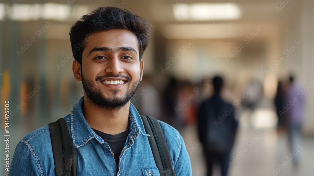 Smiling young man in denim shirt, carrying backpack. Ideal for education, student, or positive vibes themes.