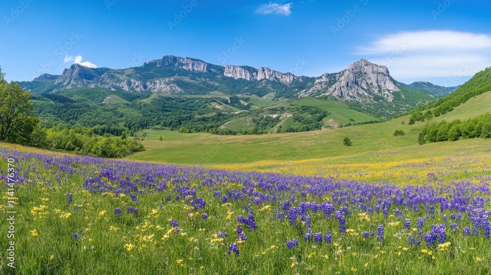 Scenic Flowering Meadow with Mountains Under Clear Blue Sky Scenic Flowering Meadow with Mountains Under Clear Blue Sky